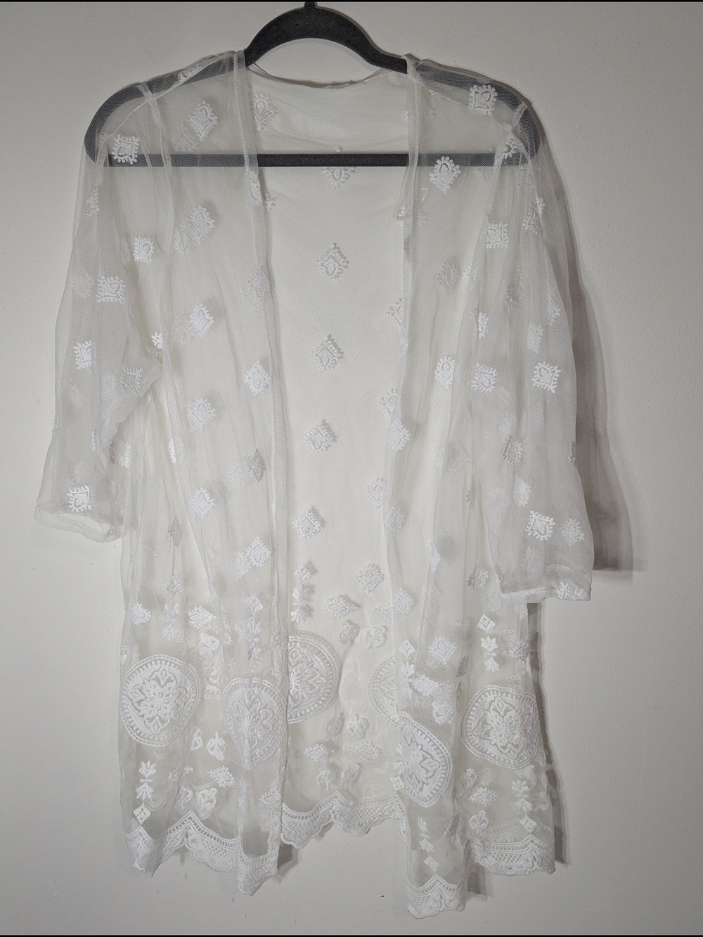 White Embroidered Mesh Lace Kimono Cardigan Boho Sheer Open Front Cover Up - Picture 2 of 4